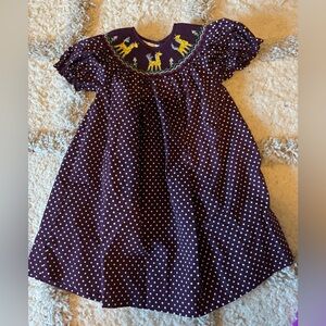 18 Months. Rosalina Purple Polka Dot Smocked Bishop Dress with Giraffes